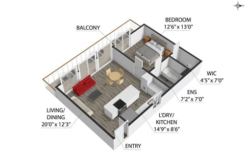 Floor plan for 1 bed, 1 bath, 650 sqft